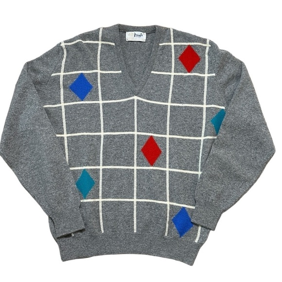 Vintage Pringle of Scotland Lambswool Diamond Grid Jumper Sweater Mens Size 42 - Picture 1 of 6